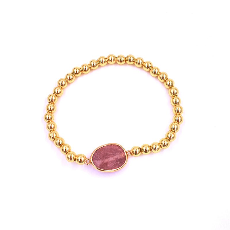 Ashley Gold Stainless Steel Gold Plated Center Semi Precious Center Stone Ball Beaded Stretch Bracelet