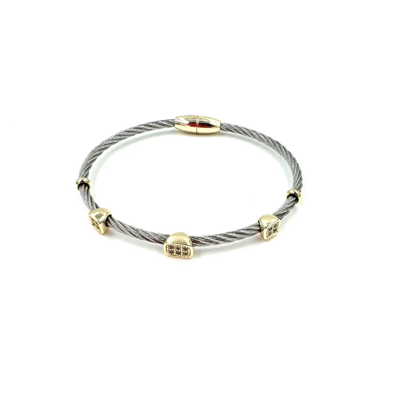 Ashley Gold Stainless Steel Two Toned 14 Assorted CZ Design Bangle Bracelet