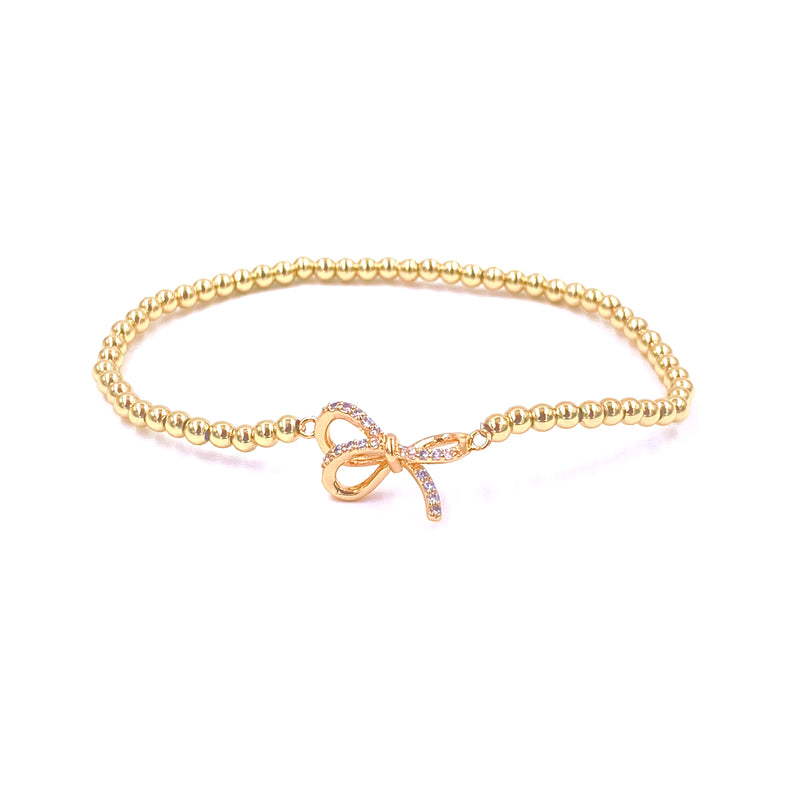 Ashley Gold Stainless Steel Gold Plated CZ Bow Design Stretch Beaded Bracelet