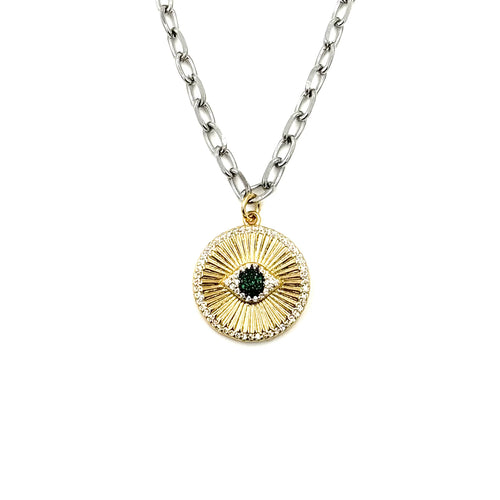 Ashley Gold Stainless Steel Gold Plated Two-Toned CZ Colored Evil Eye Pendent Necklace