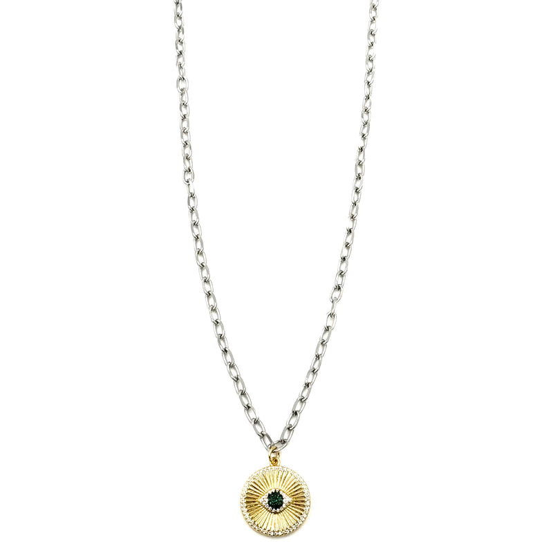 Ashley Gold Stainless Steel Gold Plated Two-Toned CZ Colored Evil Eye Pendent Necklace