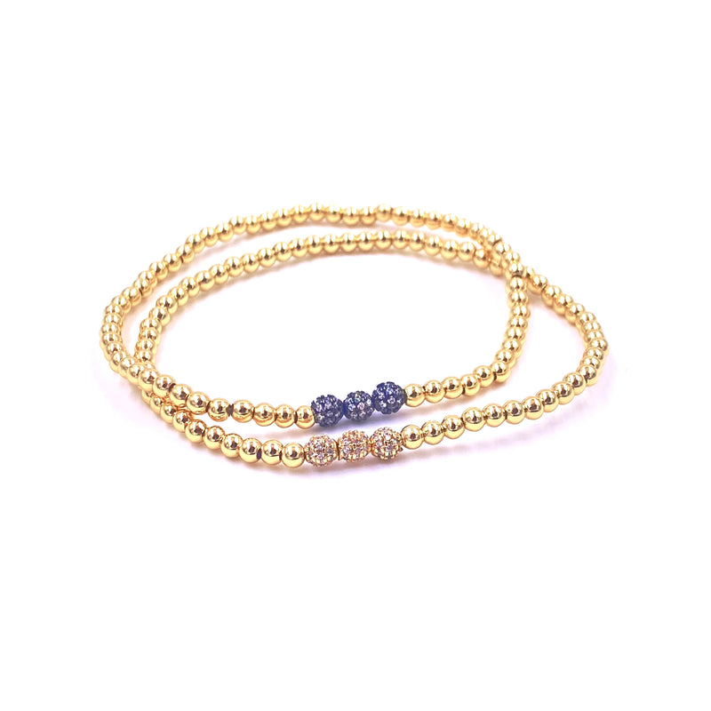 Ashley Gold Stainless Steel Gold Plated Three Center CZ Ball Design Stretch Beaded Bracelet
