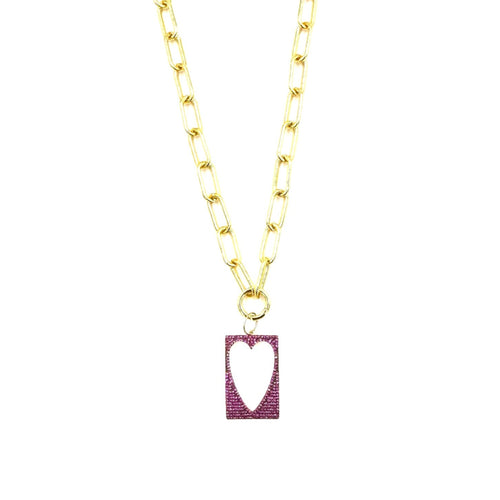 Ashley Gold Stainless Steel Gold Plated Link Design Pink CZ Heart Pendant Necklace