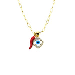 Ashley Gold Stainless Steel Gold Plated Red Enamel Horn With CZ Evil Eye Charm Necklace