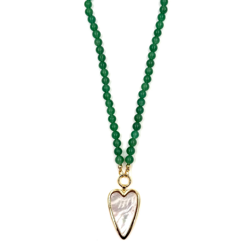 Ashley Gold Stainless Steel Gold Plated Large Heart Design Green Semi Precious Beaded Necklace
