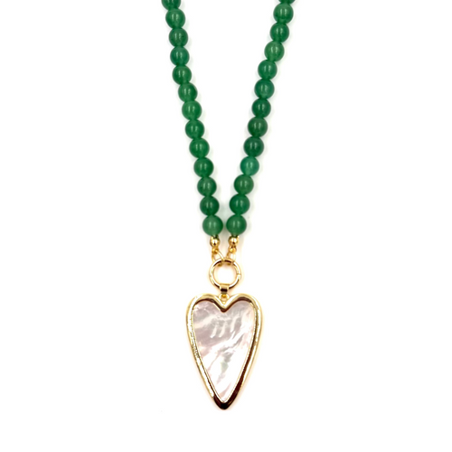Ashley Gold Stainless Steel Gold Plated Large Heart Design Green Semi Precious Beaded Necklace