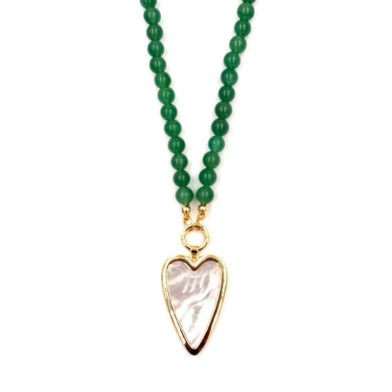 Ashley Gold Stainless Steel Gold Plated Large Heart Design Green Semi Precious Beaded Necklace