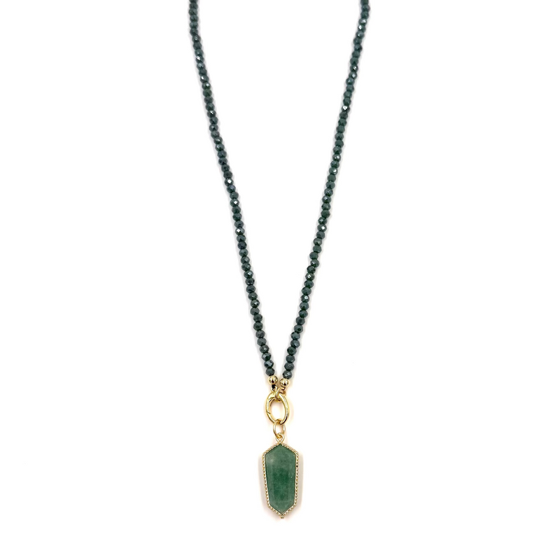Ashley Gold Stainless Steel Gold Plated Green Semi Precious Beaded Chain With Bezel Set Charm Necklace