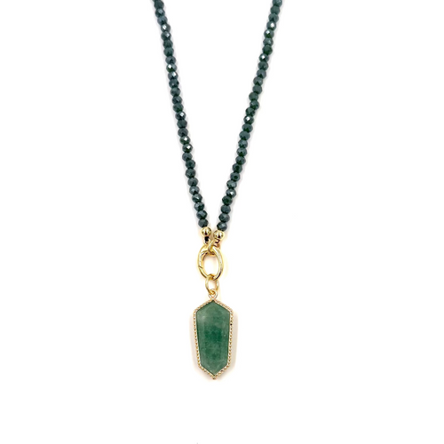 Ashley Gold Stainless Steel Gold Plated Green Semi Precious Beaded Chain With Bezel Set Charm Necklace