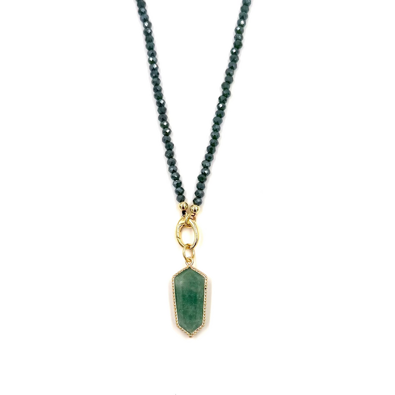Ashley Gold Stainless Steel Gold Plated Green Semi Precious Beaded Chain With Bezel Set Charm Necklace