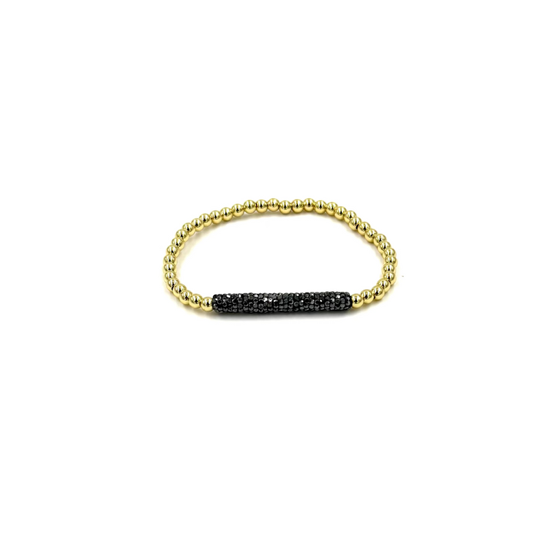 Ashley Gold Stainless Steel Gold Plated Black CZ Bar Design Stretch Beaded Ball Bracelet
