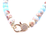 Ashley Gold Stainless Steel Gold Plated CZ Lock Blue Semi Precious Stone Beaded Necklace