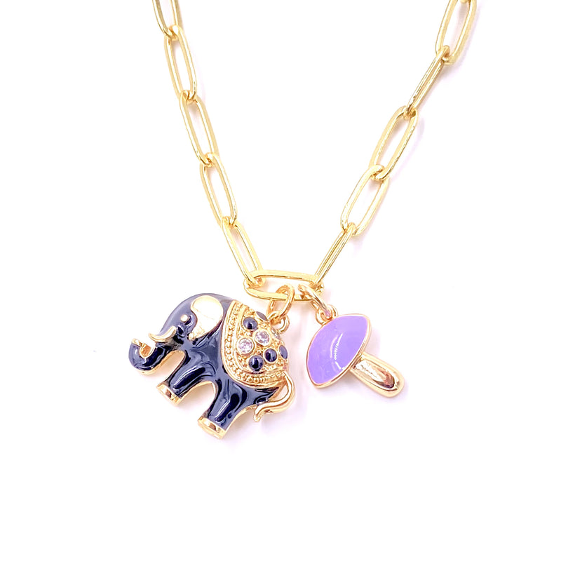 Ashley Gold Stainless Steel Gold Plated Enamel Elephant Double Charm Link Necklace