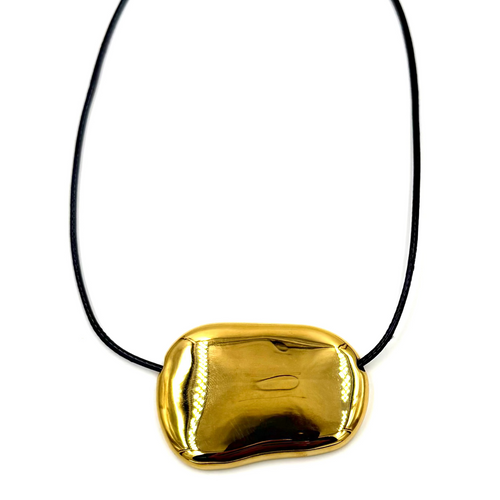 Ashley Gold Stainless Steel Oblong Large Pendant Leather Necklace