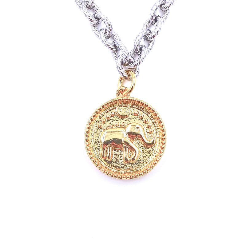 Ashley Gold Stainless Steel Diamond Cut Chain And Elephant Coin Pendent Necklace