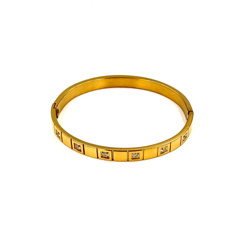 Ashley Gold Stainless Steel Gold Plated Square Design CZ Bangle Bracelet