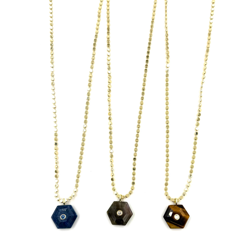Ashley Gold Stainless Steel Gold Plated Circle Link Chain With Enamel Hexagon Single Colored CZ Pendant Necklace