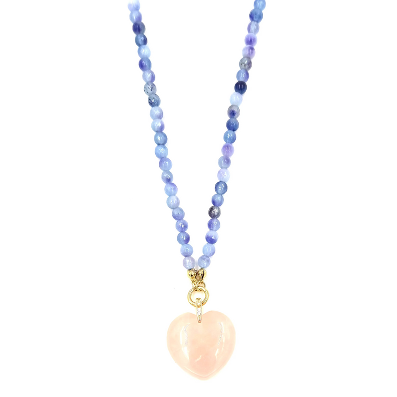 Ashley Gold Stainless Steel Gold Plated Purple Beaded With Large Pink Heart Semi Precious Stone Charm Necklace