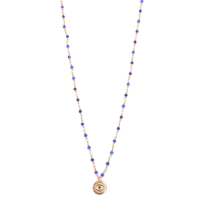 Ashley Gold Stainless Steel Gold Plated Blue Beaded Chain And CZ Evil Eye Pendant Necklace