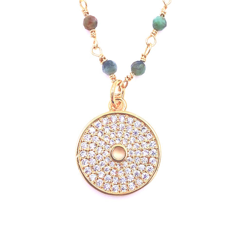 Ashley Gold Stainless Steel Gold Plated Green Beaded Chain And Encrusted Circle Pendant Necklace