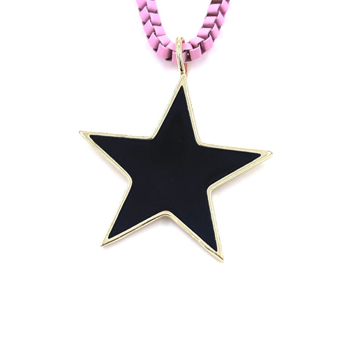 Ashley Gold Stainless Steel Baby Pink Enamel And Large Black Star Necklace