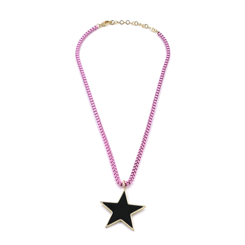 Ashley Gold Stainless Steel Baby Pink Enamel And Large Black Star Necklace