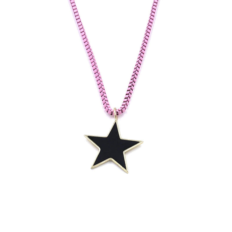 Ashley Gold Stainless Steel Baby Pink Enamel And Large Black Star Necklace