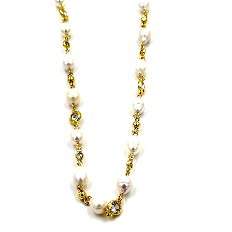 Ashley Gold Stainless Steel Gold Plated Pearl And CZ By The Yard Necklace