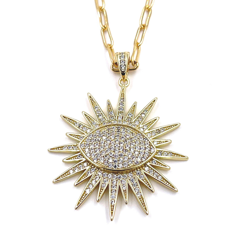 Ashley Gold CZ Starburst Sterling Silver Gold Plated Pendant With Stainless Steel Gold Plated Rectangle Chain