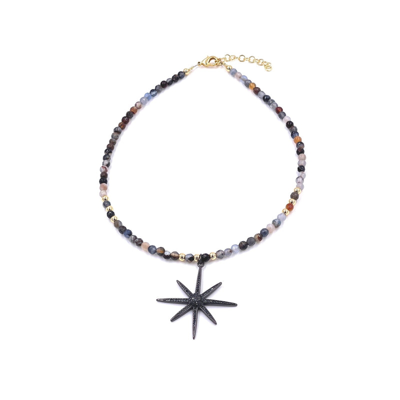 Ashley Gold Semi Precious Beaded With Stainless Steel CZ Starburst Charm Necklace