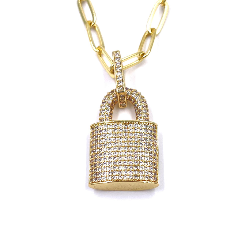 Ashley Gold Stainless Steel Gold Plated CZ Detachable Lock Charm Necklace