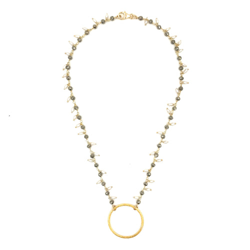 Ashley Gold Pyrite And Pearl Gold Plated Sterling Silver Necklace With Circle Pendant