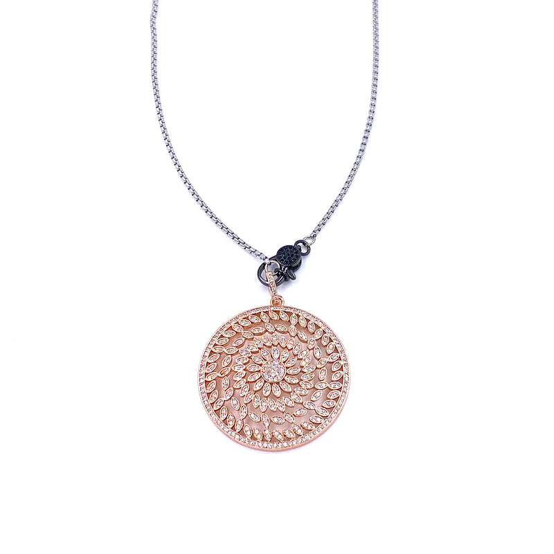 Ashley Gold Stainless Steel Rose Gold Plated Pendant With Gunmetal CZ Clasp Necklace