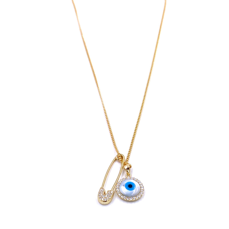 Ashley Gold Sterling Silver Gold Plated CZ Safety Pin And Evil Eye Necklace