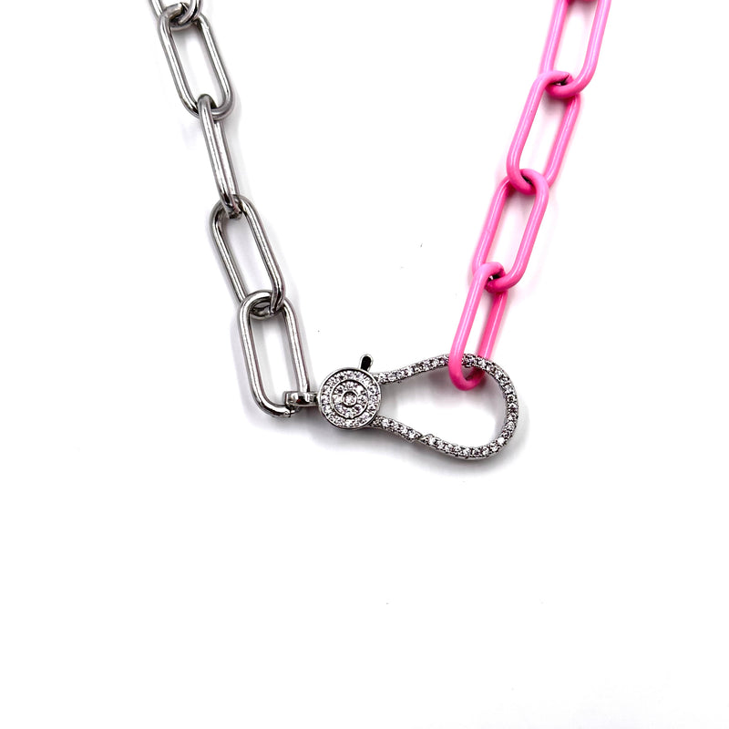 Ashley Gold Stainless Steel Two Tone Enamel Light Pink CZ Clasp Necklace