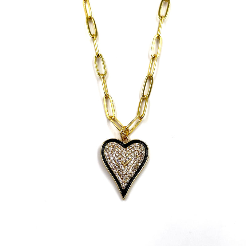 Ashley Gold Stainless Steel Gold Plated CZ Black Bezel Set Enamel Necklace