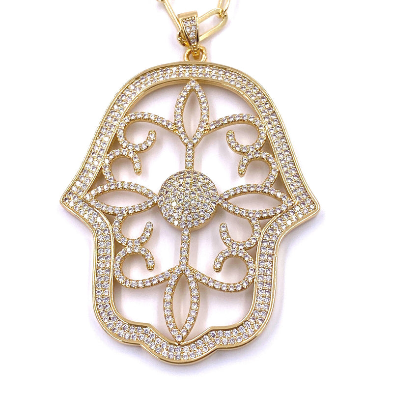 Ashley Gold Stainless Steel Gold Plated CZ Hamsa Large Pendant