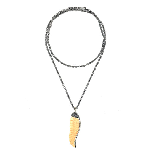 Ashley Gold Stainless Steel Necklace with Sterling Silver Bone Feather Pendant with Hematite