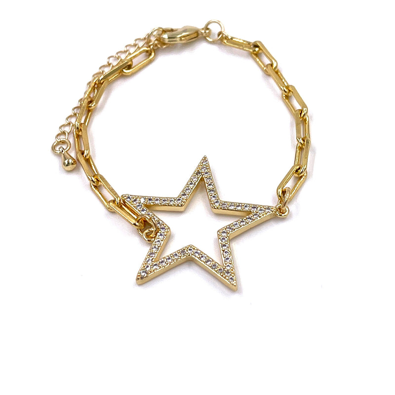 Ashley Gold Stainless Steel Gold Plated Rectangle Link CZ Open Star Bracelet