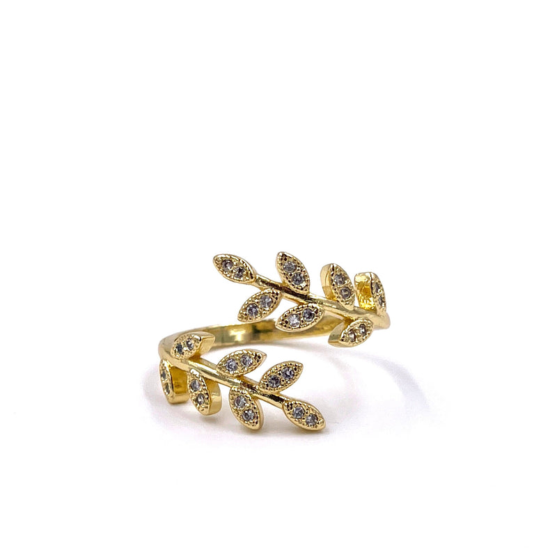 Ashley Gold Stainless Steel Gold Plated Leaf CZ Twist Ring