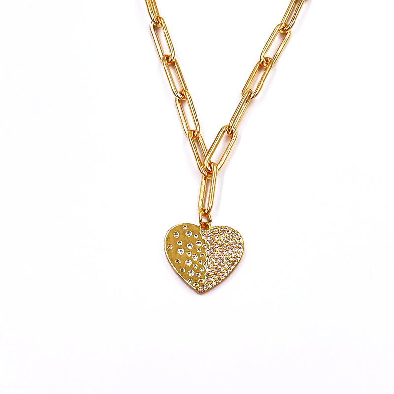 Ashley Gold Stainless Steel Gold Plated Rectangle Link Drop Heart CZ Necklace