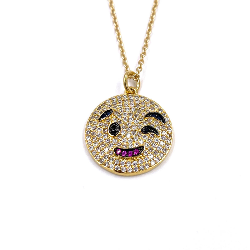 Ashley Gold Sterling Silver Gold Plated Chain With CZ Smile Face Charm Necklace