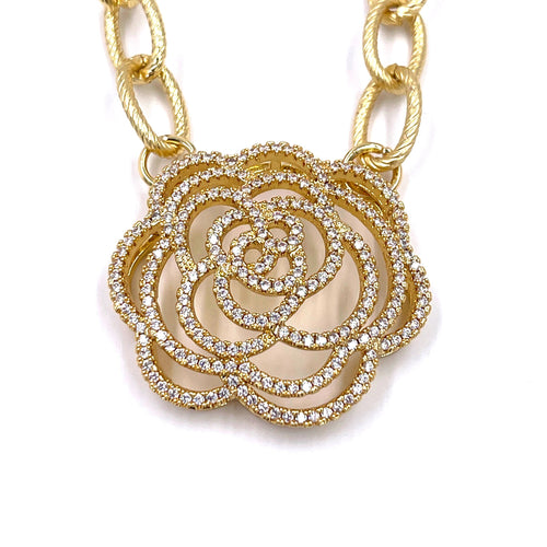 Ashley Gold Stainless Steel Gold Plated Large CZ Flower Link Necklace