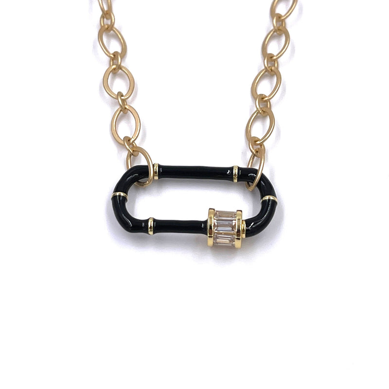 Ashley Gold Stainless Steel Gold Plated Black Enamel and CZ Front Lock Necklace