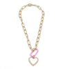 Ashley Gold Stainless Steel Gold Plated Open Link Necklace With Pink Enamel Lock And White Heart
