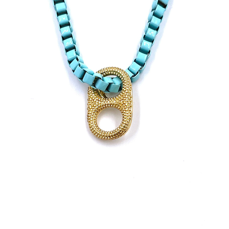 Ashley Gold Stainless Steel Coated Turquoise Box Link Necklace With Gold Plated Cap Charm