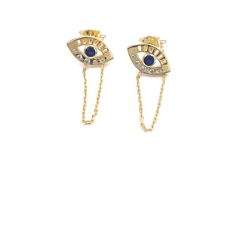 Ashley Gold Sterling Silver Gold Plated CZ Chain Evil Eye Drop Earrings