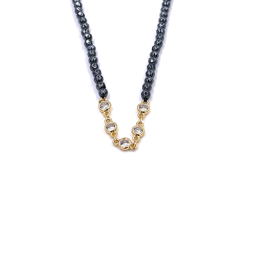 Ashley Gold Stainless Steel Gold Plated CZ Bezel Set And Hematite Beaded Necklace