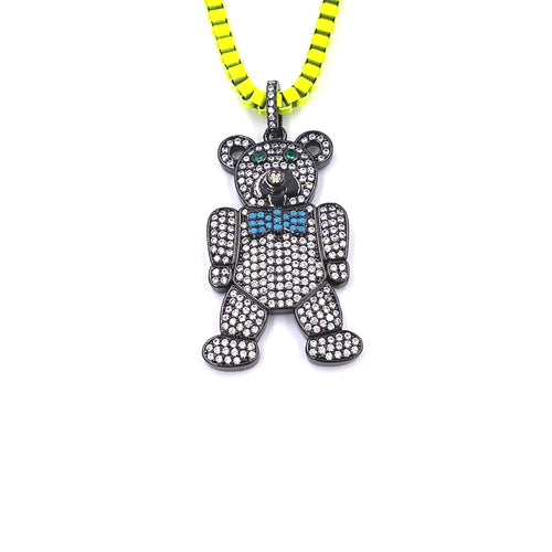 Ashley Gold Stainless Steel CZ Bear Pendant With Neon Yellow Enamel Necklace