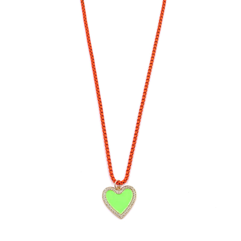 Ashley Gold Stainless Steel Neon Green Heart With Orange Enamel Necklace